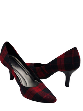 Comfort Plus by Predictions Black Red Plaid Fabric Point Toe High Heel Pump Shoe